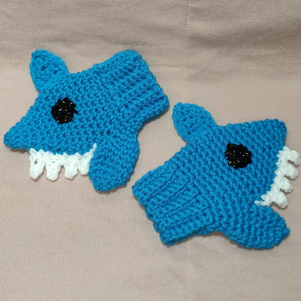 Handmade Crochet Blue Shark Child Mittens